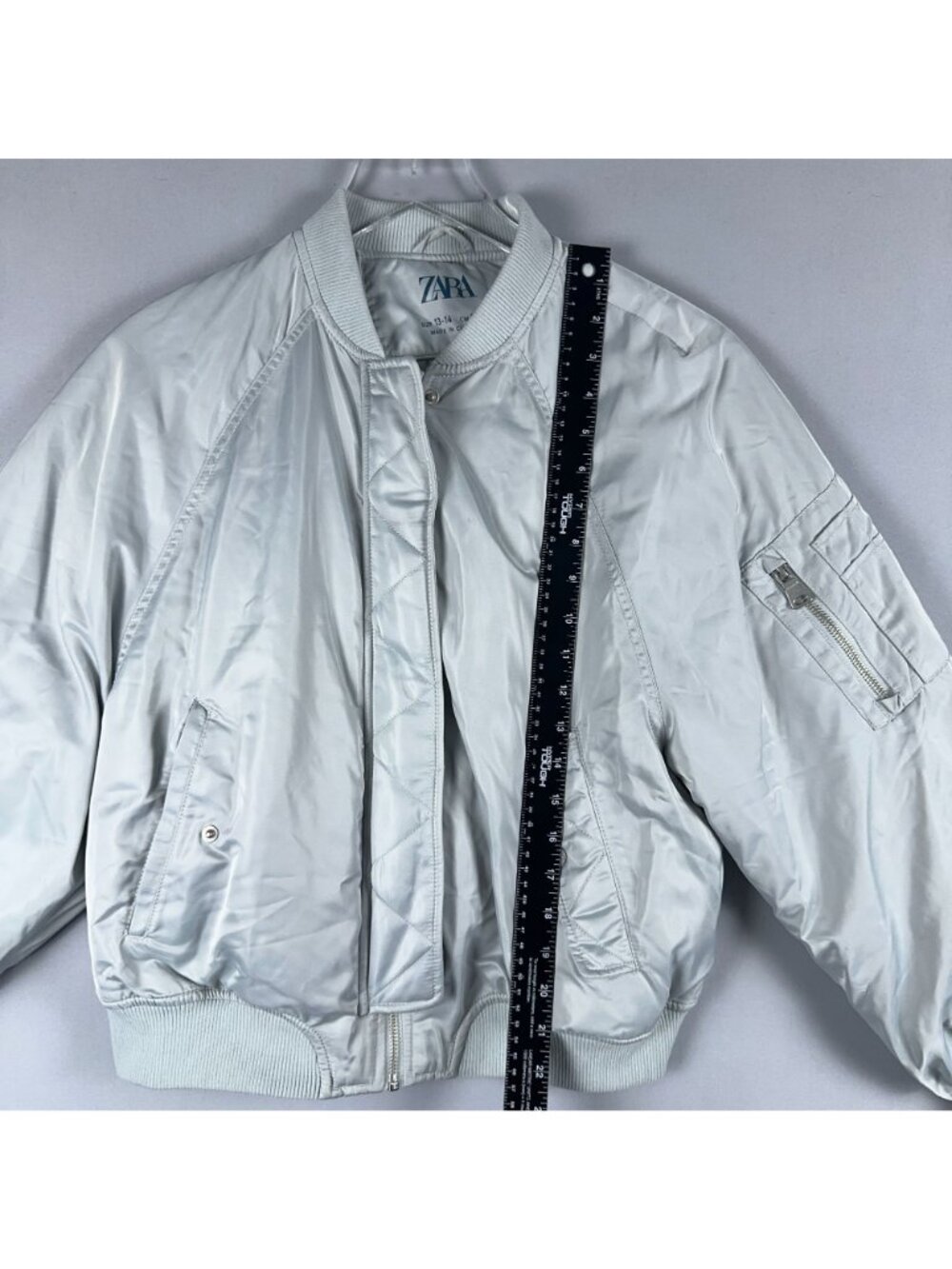 Zara Bomber Jacket Kids Size 13-14 Silver Zipper Utility Pocket Left Sleeve - Picture 6 of 11